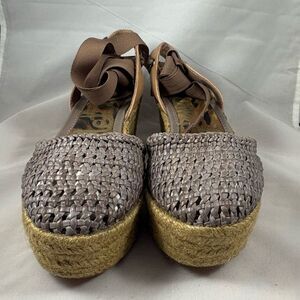 SAM EDELMAN Brown Woven Espadrille Wedge Sandals with Ribbon Tie, Size 7.5